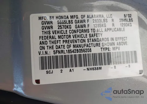 2002 Honda Odyssey Lx z USA, uszkodzony, nr VIN 5FNRL18542B056208